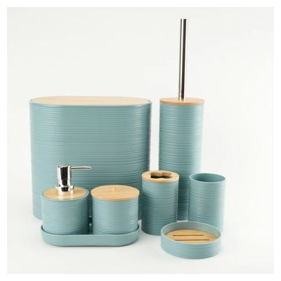 5003 Ribbed Bathroom Accessory Set with Bamboo Lids, Blue, 8-Piece