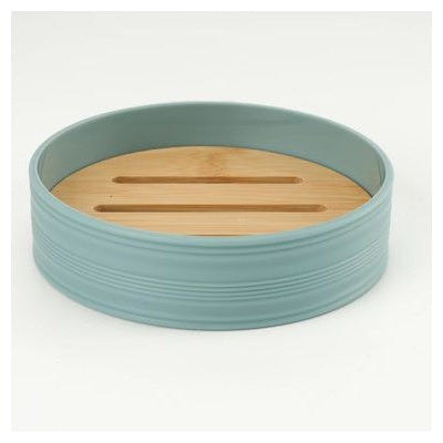 Soap Dish With Horizontal Ripple Bamboo Lid Dusty Blue