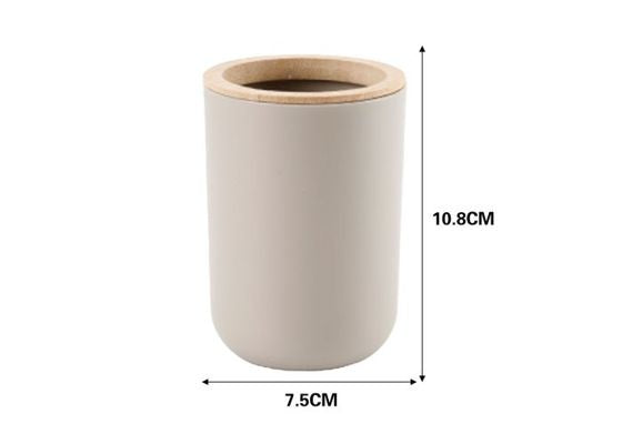 Round Toothbrush Holder With Bamboo Lid Beige