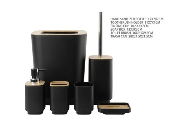 Square Bathroom Accessory Set with Bamboo Lids, Black, 6-Piece