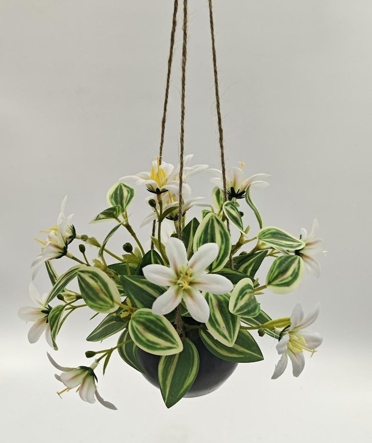 Artificial Hanging Basket with White Flowers - 9 x 9 x 7 in