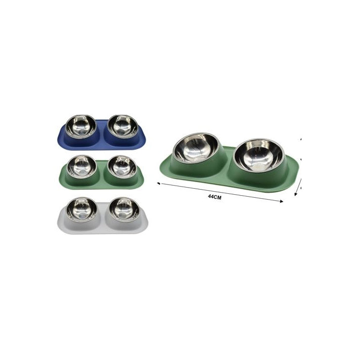 Stainless Steel Double Pet Bowls, 40 × 22 × 7.5 cm