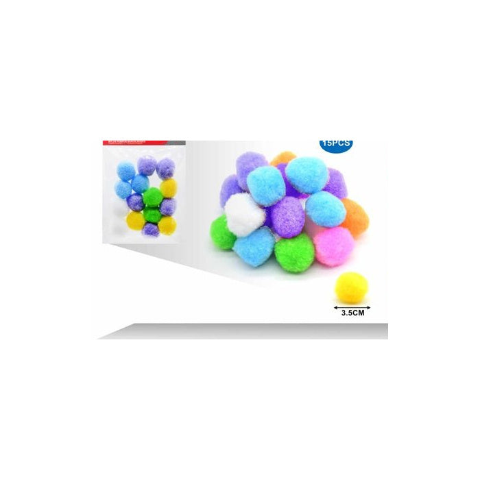 Assorted Colours Craft Pom Poms, 3.5 cm, 15-Pack