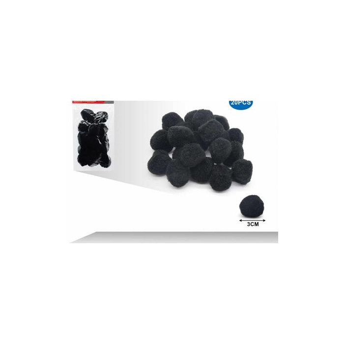 Black Craft Pom Poms, 3 cm, 20-Pack