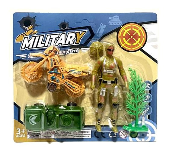 12 cm Soldier Figures with Sliding Off-Road Motorcycle, Sliding Jeep & Trees