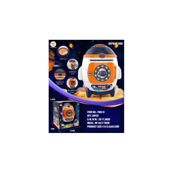 Rocket Coin Bank with Mechanical Lock, Orange