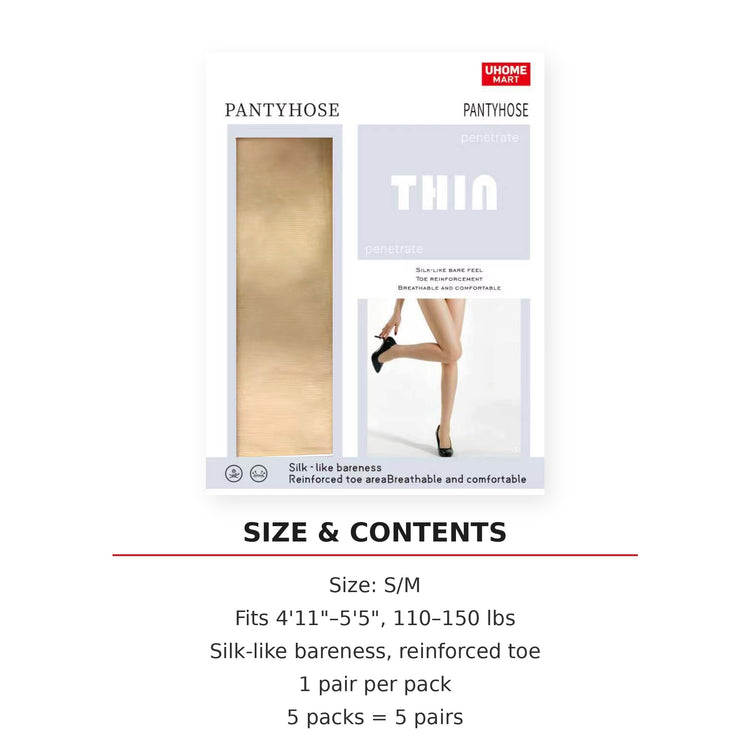 UHOME MART Ultra Thin Pantyhose for Women, Silk-Like Sheer Nude Tights, Reinforced Toe, S/M