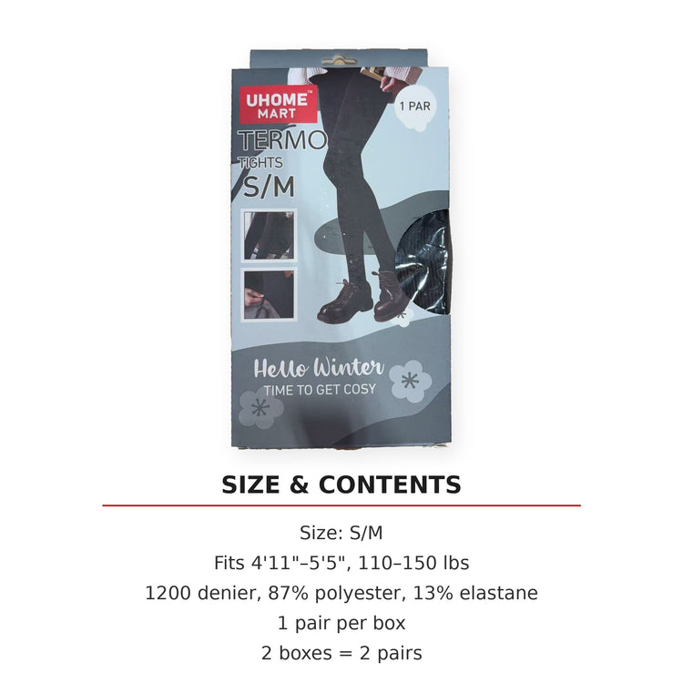 UHOME MART Fleece-Lined Thermal Tights for Women, 1200 Denier Opaque Warm Winter Pantyhose, Black, S