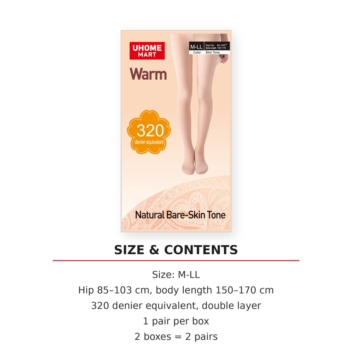 UHOME MART Warm Tights for Women, Double Layer 320 Denier Equivalent, Natural Bare-Skin Tone, M-LL