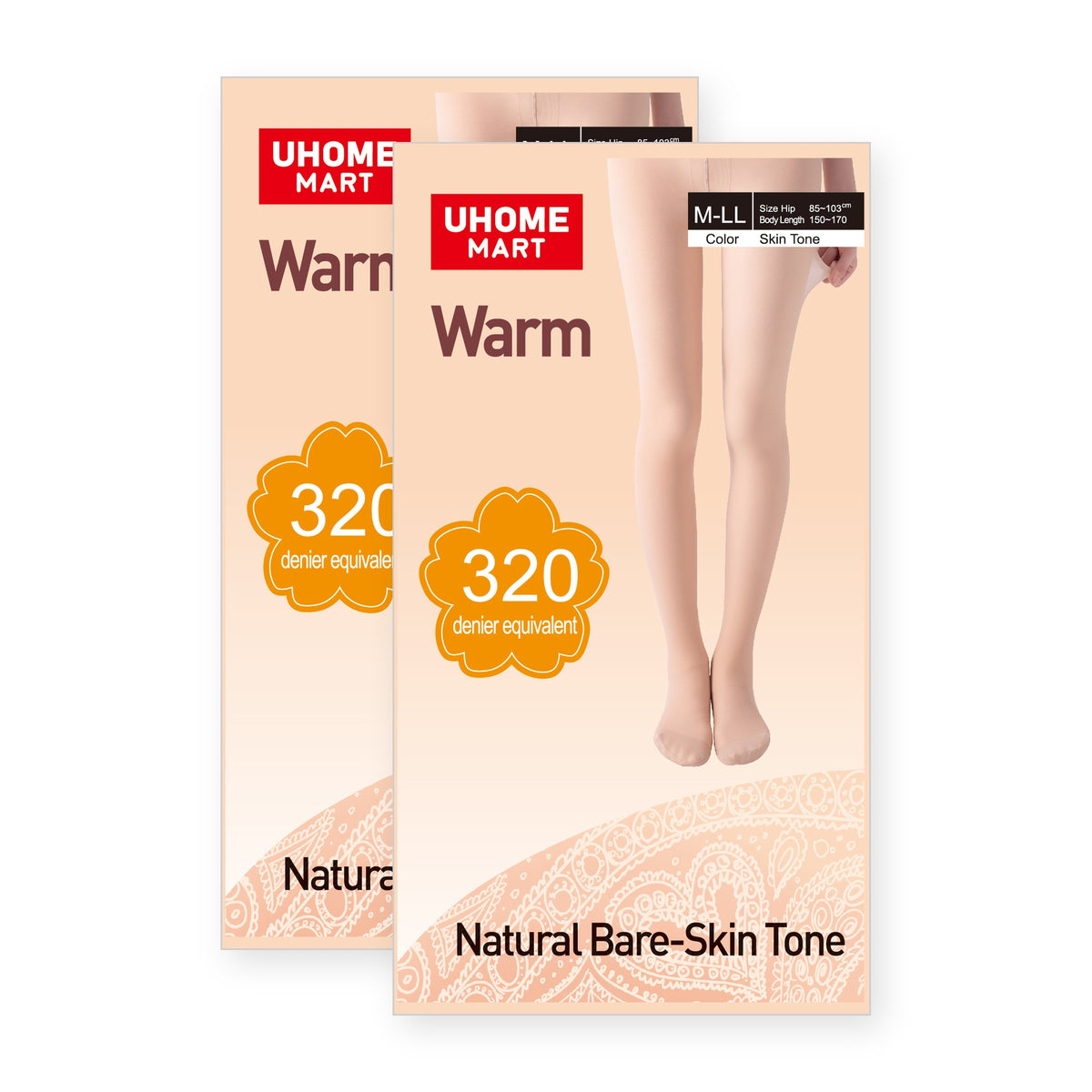 UHOME MART Warm Tights for Women, Double Layer 320 Denier Equivalent, Natural Bare-Skin Tone, M-LL