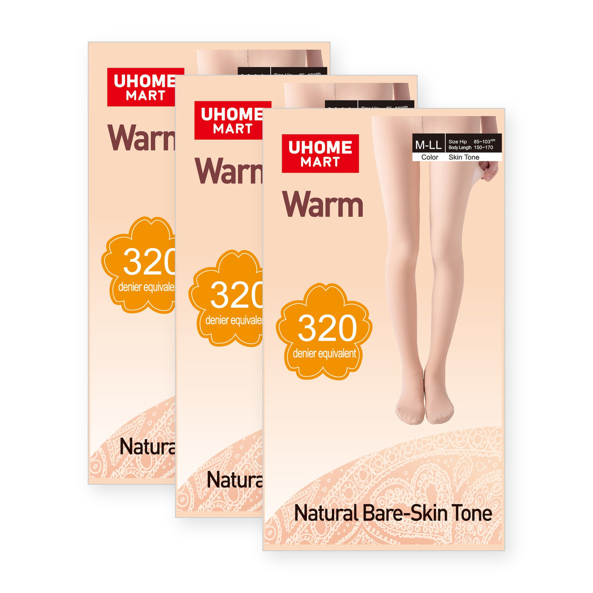 UHOME MART Warm Tights for Women, Double Layer 320 Denier Equivalent, Natural Bare-Skin Tone, M-LL